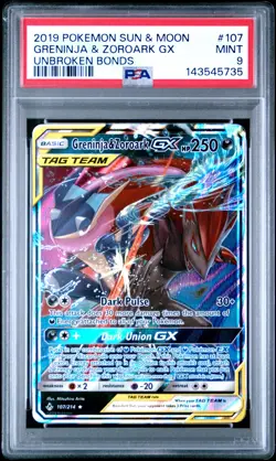 2019 POKEMON SUN & MOON UNBROKEN BONDS #107 GRENINJA & ZOROARK GX PSA 9 - Image 1