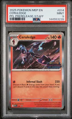 2025 POKEMON MEP PROMO PHANTASMAL FLAMES PRERELEASE-STAFF #014 CERULEDGE PSA 9 - Image 1
