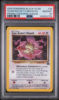 2000 POKEMON PROMO BLACK STAR POKEMON LEAGUE #18 TEAM ROCKET'S MEOWTH PSA 10 - Image 1