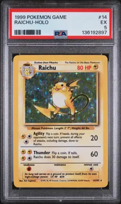 1999 POKEMON BASE SET UNLIMITED #14 RAICHU-HOLO PSA 5 - Image 1
