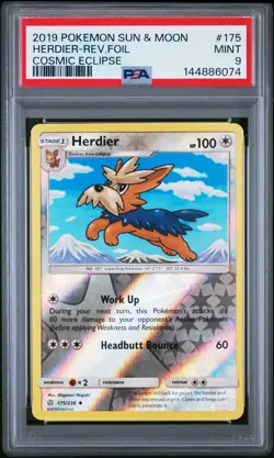 2019 POKEMON SUN & MOON COSMIC ECLIPSE #175 HERDIER-REVERSE FOIL PSA 9 - Image 1