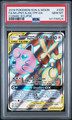 2019 POKEMON COSMIC ECLIPSE #225 FULL ART/MEGA LOPUNNY & JIGGLYPUFF GX PSA 10 - Image 1