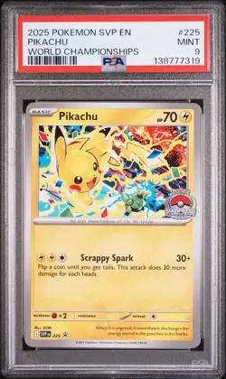 2025 POKEMON SVP EN-SV BLACK STAR PROMO WORLD CHAMPIONSHIPS #225 PIKACHU PSA 9 - Image 1