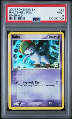 2005 POKEMON EX EMERALD #61 RALTS-REVERSE FOIL PSA 9 - Image 1