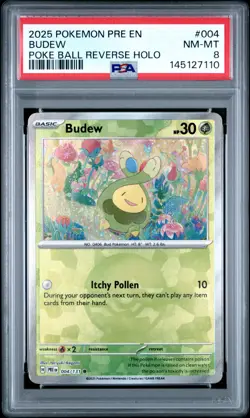 2025 POKEMON PRE EN-PRISMATIC EVOLUTIONS POKE BALL REVERSE HOLO #004 BUDEW PSA 8 - Image 1