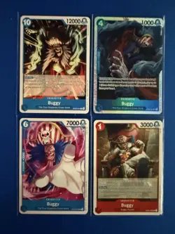 Buggy One Piece TCG 4-card lot ST25 Super Rare+OP09 Rare+OP03/OP12 Uncommon PWE - Image 1