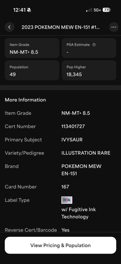 2023 POKEMON MEW EN-151 ILLUSTRATION RARE #167 IVYSAUR PSA 8.5 - Image 3