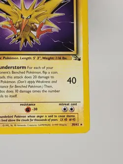 1999 Vintage Pokemon Zapdos Fossil Card #30/62 Non-Holo Rare Near Mint Condition - Image 4