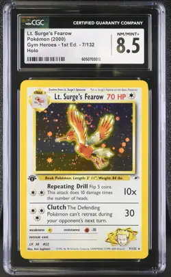 CGC 8.5 Lt. Surge's Fearow Gym Heroes 1st Edition 7/132 Holo Pokemon Card Swirl - Image 1
