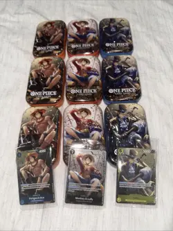 One Piece TCG Three Brothers Empty Tins Vol 2 - Set of 9 Empty Tins + 3 Promos - Image 1