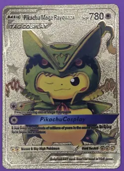 Pokemon Gold Foil Fan Art Card PIKACHU COSPLAY Mega Rayquaza 780HP - Image 1