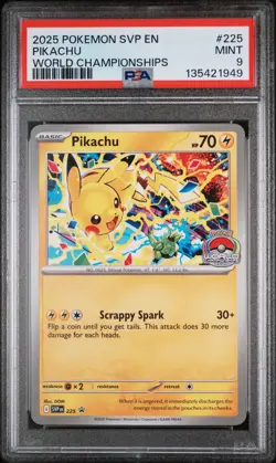 2025 POKEMON SVP EN-SV BLACK STAR PROMO WORLD CHAMPIONSHIPS #225 PIKACHU PSA 9 - Image 1