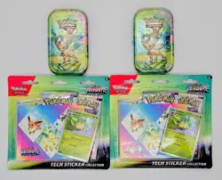 Pokemon Prismatic Evolutions Leafeon Lot 2x Tech Sticker Collection 2x Mini Tins - Image 1