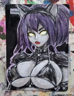 Altered Mtg Hand Painted Cat Girl One Of A Kind Anime Latex Goth Girl Cyborg - Image 1