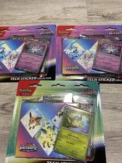 LOT OF 3 - Pokemon TCG SV Prismatic Evolutions Tech Sticker Collection Art Set - Image 1