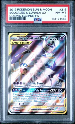2019 POKEMON SUN & MOON COSMIC ECLIPSE #216 SOLGALEO & LUNALA GX PSA 8 - Image 1