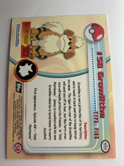 1999 Topps Pokemon TV #58 Growlithe Silver Foil Black Logo (Rays 2nd Print) - Image 2