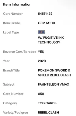 Inteleon VMAX 050/192 SWSH Rebel Clash Holo PSA 10 GEM MINT Pokemon #050 POP 454 - Image 4