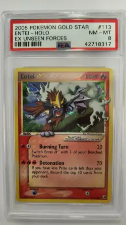2005 POKEMON EX UNSEEN FORCES #113 ENTEI GOLD STAR PSA 8 - Image 1