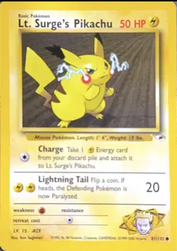 Lt. Surge's Pikachu 081/132 Gym Heroes Pokemon Card, RAW, LP - Image 1