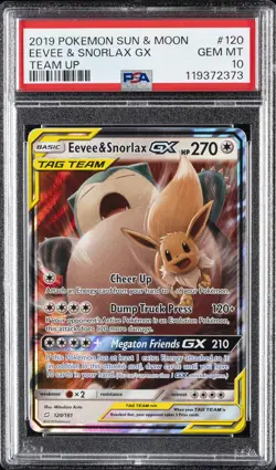 2019 POKEMON SUN & MOON TEAM UP #120 EEVEE & SNORLAX GX PSA 10 - Image 1