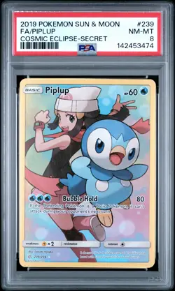 2019 POKEMON SUN & MOON COSMIC ECLIPSE SECRET #239 FULL ART/PIPLUP PSA 8 - Image 1