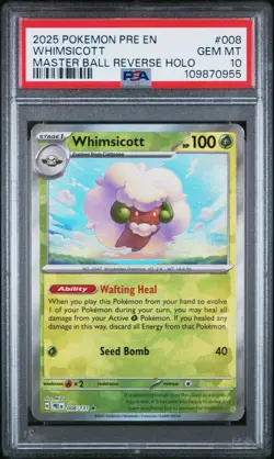 Pokemon Prismatic Evolutions Whimsicott Master Ball Reverse Holo 008 PSA 10 - Image 1