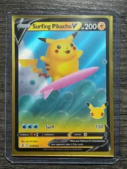 POKEMON FULL ART SURFING PIKACHU V 008/025 ULTRA RARE + NEW ARCEUS SLEEVE LP-NM - Image 5