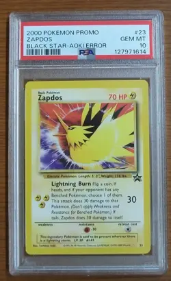 PSA 10 GEM MINT Zapdos Aoki Error 23 Pokemon WOTC Black Star 2000 Movie Promo - Image 1