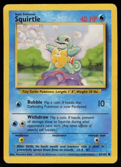SQUIRTLE 63/102 COMMON BASE SET UNLIMITED POKEMON HP - Image 1