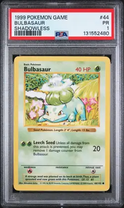1999 POKEMON BASE SET SHADOWLESS #44/102 BULBASAUR PSA 1 (B) - Image 1