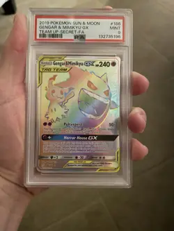 2019 POKEMON SUN & MOON TEAM UP SECRET #186 FULL ART/GENGAR & MIMIKYU GX PSA 9 - Image 1