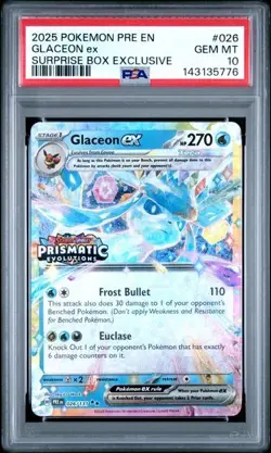 2025 Pokemon Prismatic Evolutions Surprise Box Exclusive #026 Glaceon EX PSA 10 - Image 1