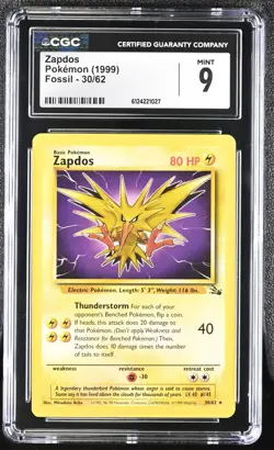 MINT CGC 9 Pokemon English Zapdos 30/62 1999 Fossil - Rare MINT CGC 9 Vintage - Image 1