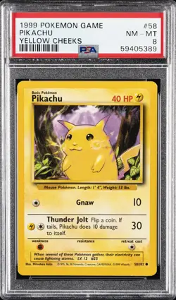 1999 POKEMON GAME YELLOW CHEEKS #58 PIKACHU PSA 8 - Image 1
