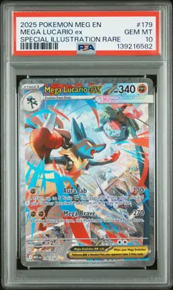 2025 POKEMON MEGA EVOLUTION #179/132 LUCARIO EX SPECIAL ILLUSTRATION RARE PSA 10 - Image 1