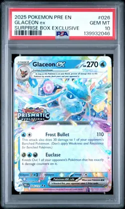 2025 POKEMON PRISMATIC EVOLUTIONS #026 GLACEON ex SURPRISE BOX EXCLUSIVE PSA 10 - Image 1