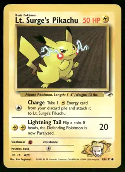 Pokemon Cards Lt. Surge's Pikachu 81/132 Unlimited Gym Heroes WOTC Common MP - Image 1