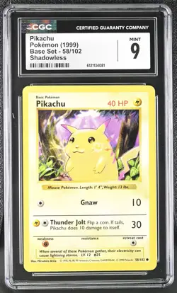 CGC 9 MINT Pikachu 1999 Base Set 58/102 Shadowless Pokemon Card - Image 1