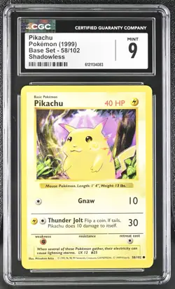 CGC 9 MINT Pikachu 1999 Base Set 58/102 Shadowless Pokemon Card - Image 1