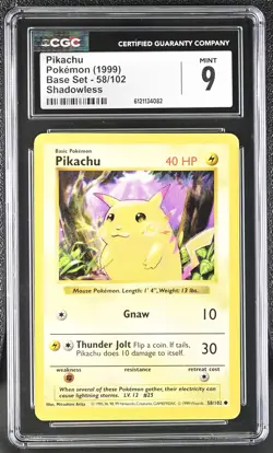CGC 9 MINT Pikachu 1999 Base Set 58/102 Shadowless Pokemon Card - Image 1