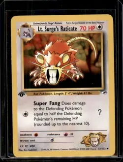 Lt. Surge's Raticate 51/132 1st Edition Pokemon Card Gym Heroes Uncommon WOTC NM - Image 1