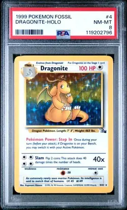 1999 Pokemon Dragonite Holo 4/62 Fossil Unlimited PSA 8 WOTC Vintage - Image 1