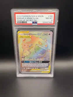 Gengar & Mimikyu PSA 8 GX #186 2019 Pokemon Sun & Moon Team Up Secret Rare - Image 1