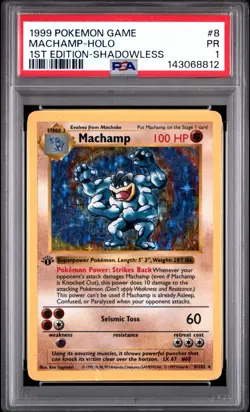 PSA 1 Machamp Shadowless 1st Edition Holo Rare #8 Base Set 1999 Pokemon WoTC PR - Image 1