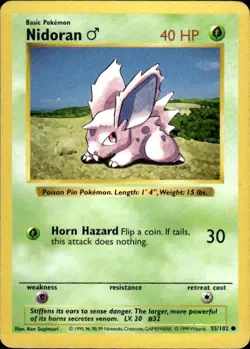 Vintage Wotc Pokemon Nidoran M Base Set (Shadowless) 055/102 Light Play LP - Image 1
