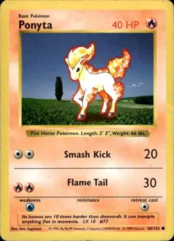 Vintage Wotc Pokemon Ponyta Base Set (Shadowless) 60/102 Light Play LP - Image 1