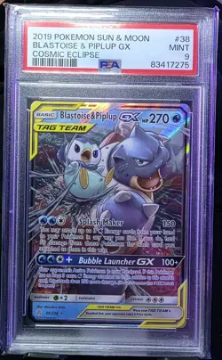 Pokemon TCG Blastoise Piplup GX Holo Card 38/236 Cosmic Eclipse Tag Team, PSA 9 - Image 1