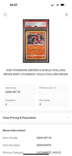PSA 10 Gem 💎 Mint 2021 POKEMON SWORD & SHIELD CHILLING REIGN #087 LYCANROC HOLO - Image 3