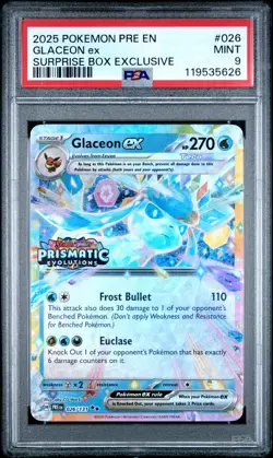 2025 POKEMON PRE EN-PRISMATIC EVOLUTIONS SURPRISE BOX EXCLUSIVE GLACEON EX PSA 9 - Image 1